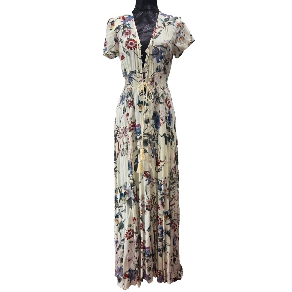 Unbranded Floral Pale-Yellow Whimsy Boho Maxi Short Sleeve Dress NWOT XS